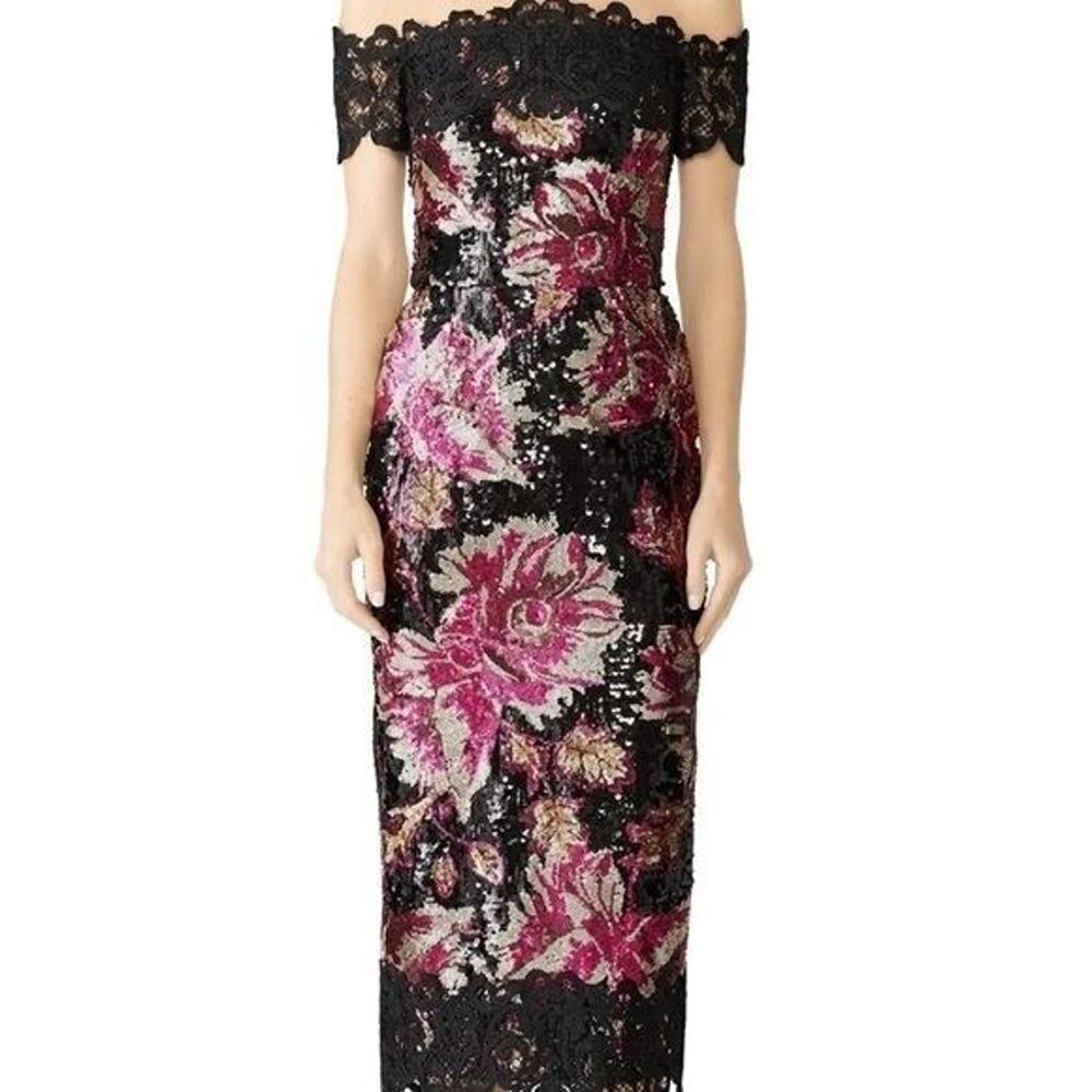 Marchesa Black and Pink Floral Maxi Dress